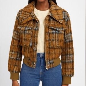 7 For All Mankind Alicia Plaid Bomber Jacket - Brown and Gray